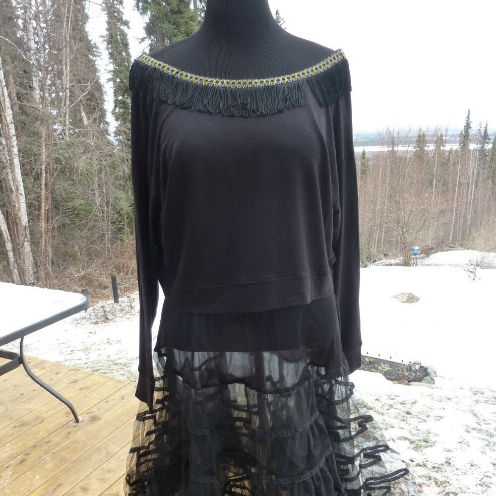 MISS CHIEVOUS GOTH PRAIRIE FRINGED LOW NECK CROP BLACK SWEAT SHIRT 80'S XL